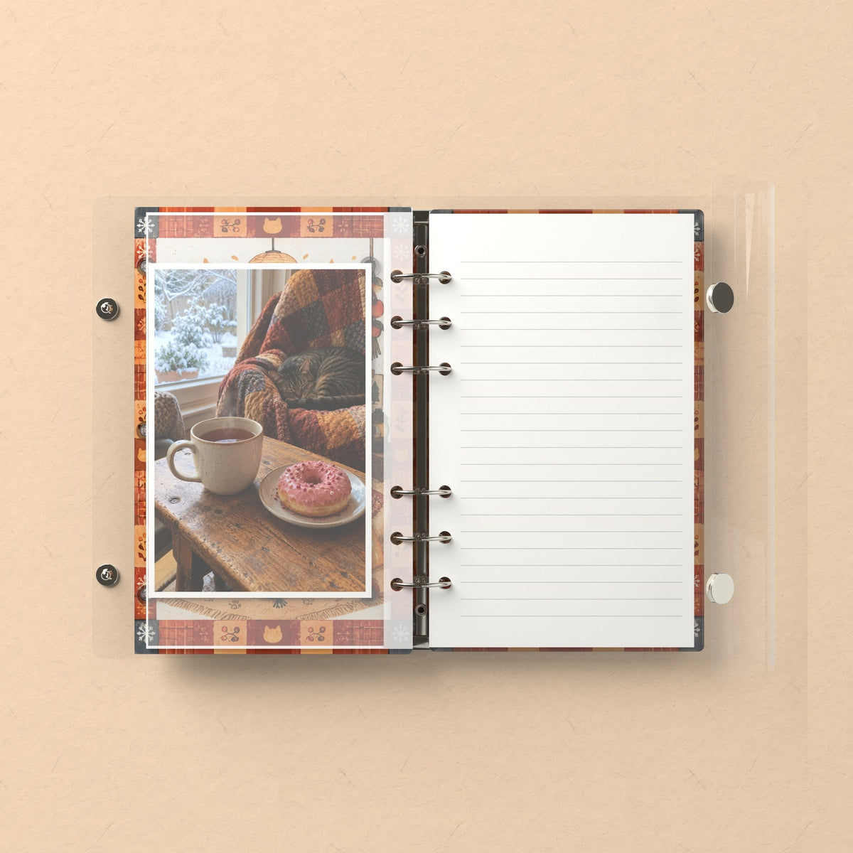 Inside: a photo sleeve and a lined refill page