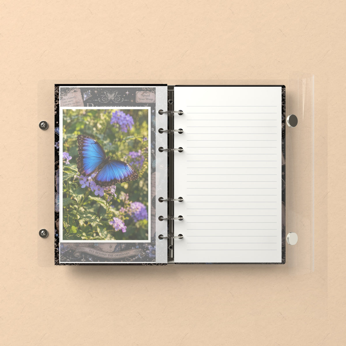Inside: a photo sleeve and a lined refill page