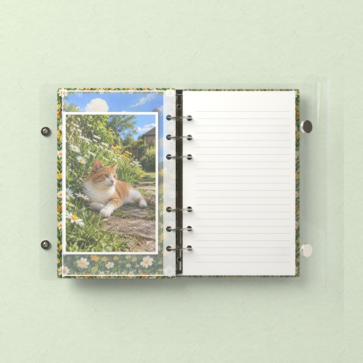 Inside: a photo sleeve and a lined refill page