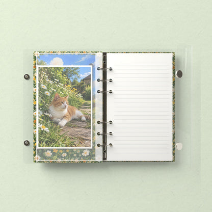Inside: a photo sleeve and a lined refill page