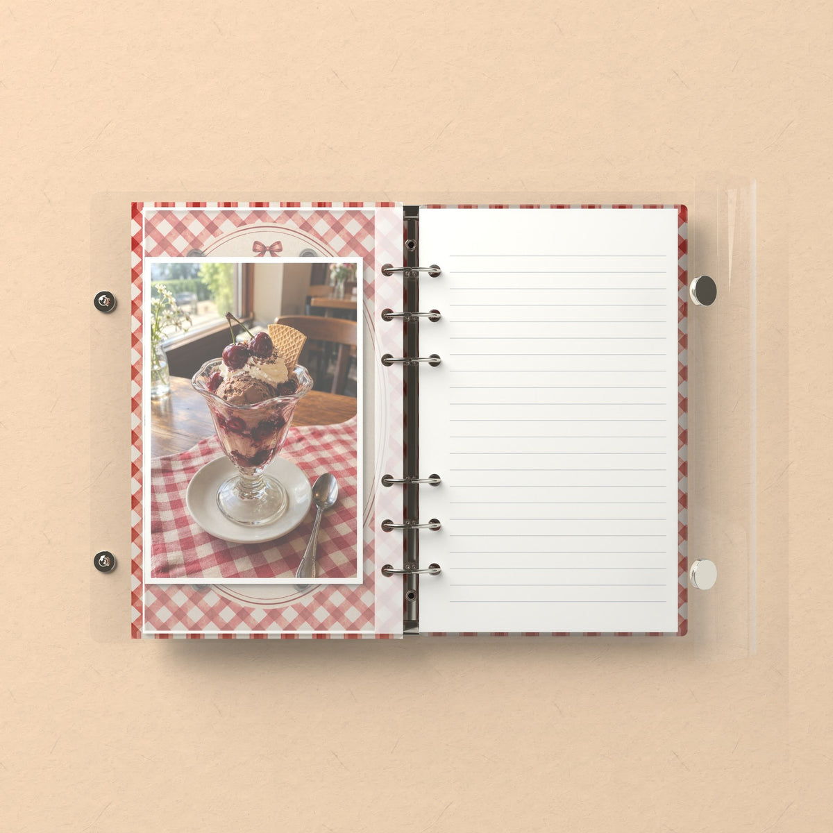 Inside: a photo sleeve and a lined refill page