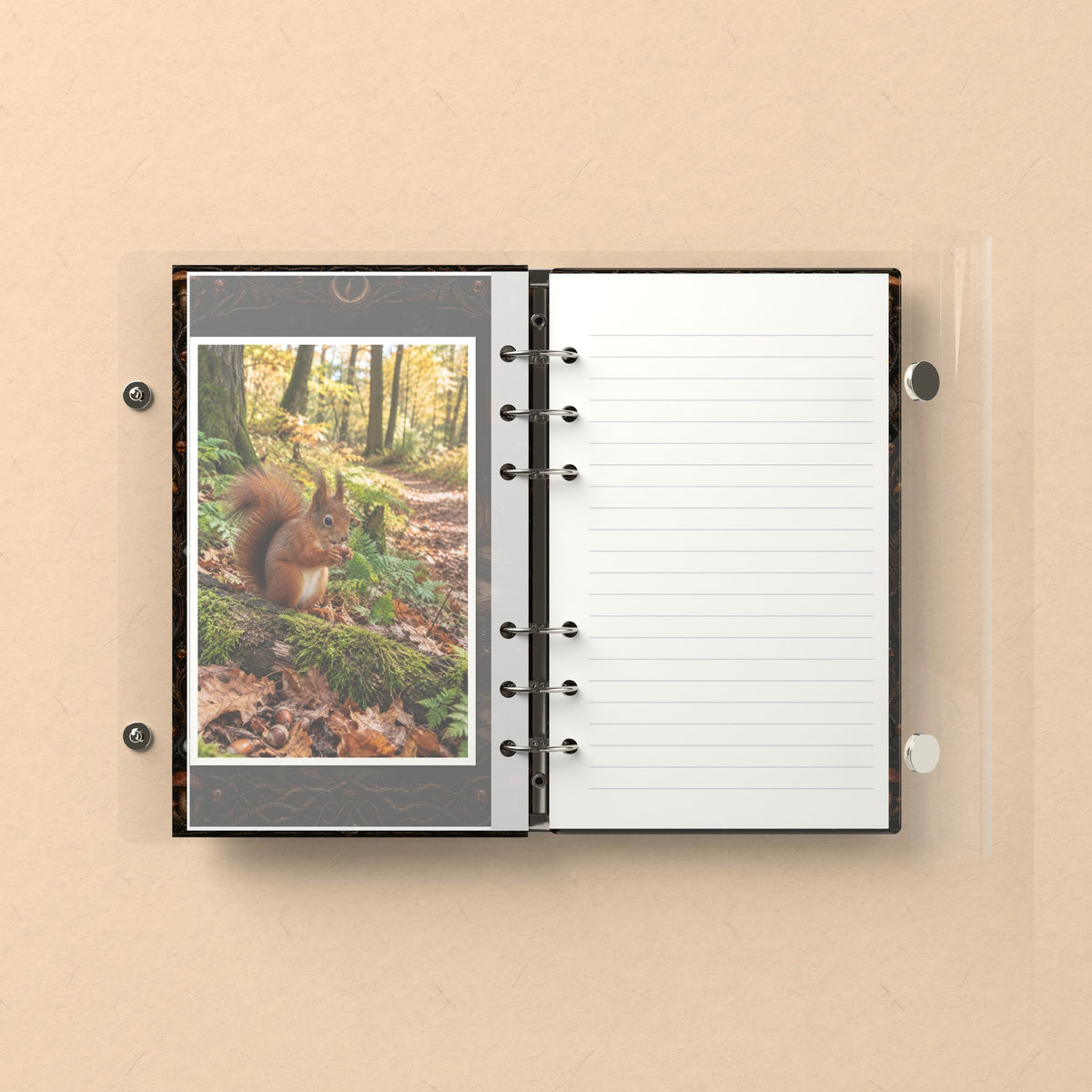 Inside: a photo sleeve and a lined refill page