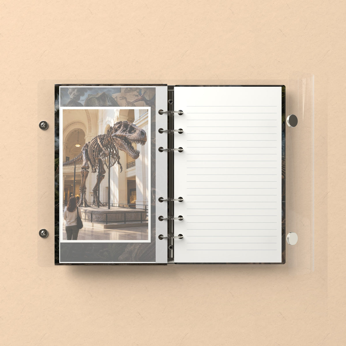 Inside: a photo sleeve and a lined refill page
