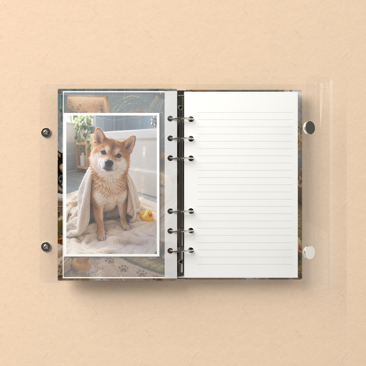 Inside: a photo sleeve and a lined refill page
