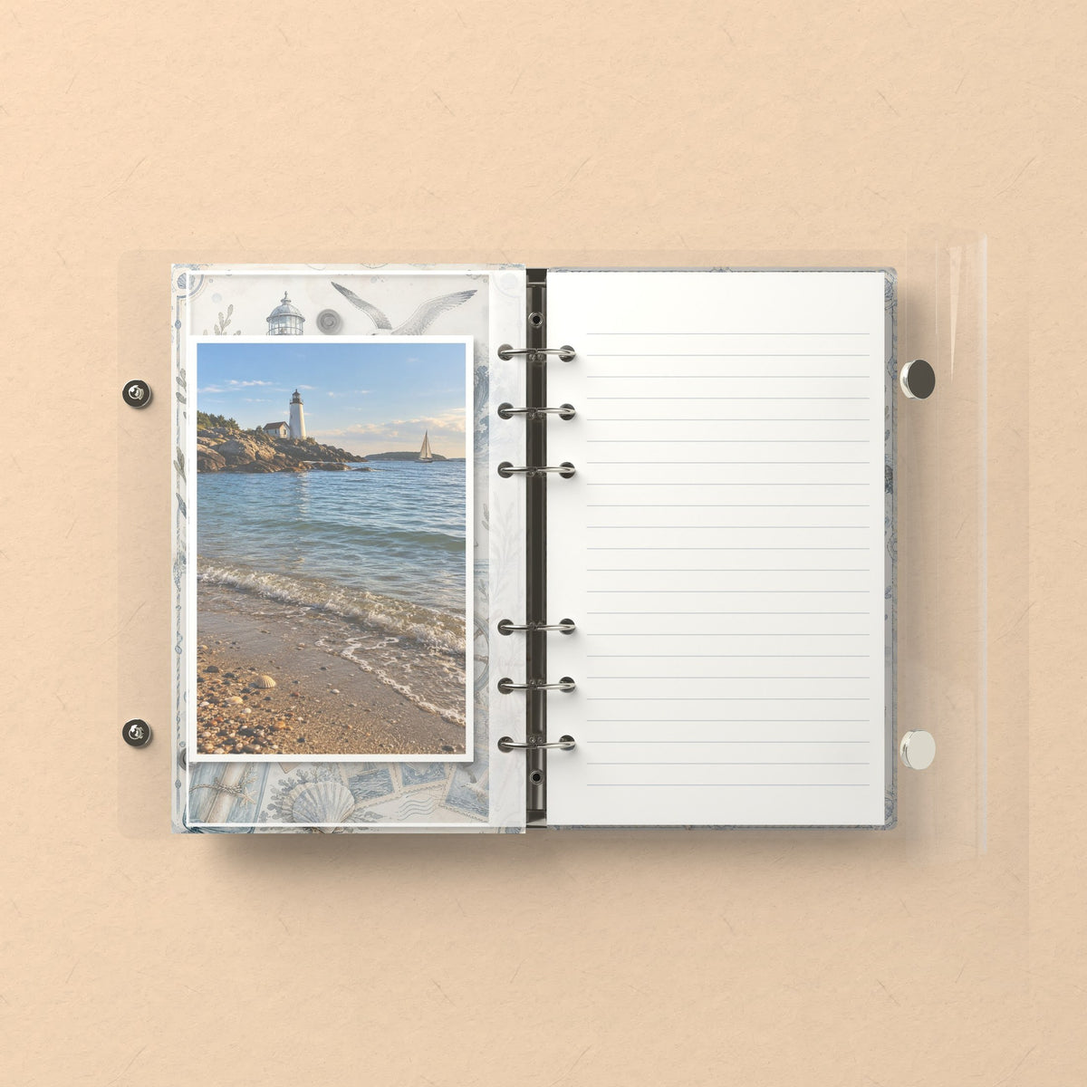 Inside: a photo sleeve and a lined refill page