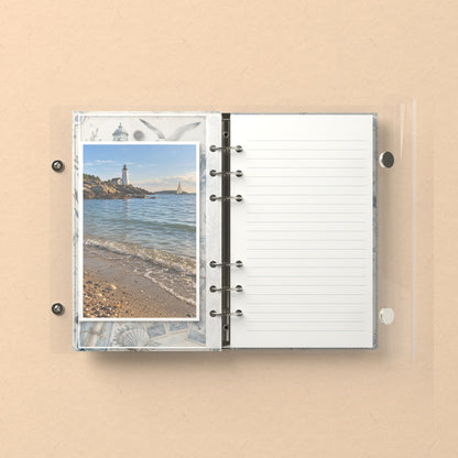 Inside: a photo sleeve and a lined refill page