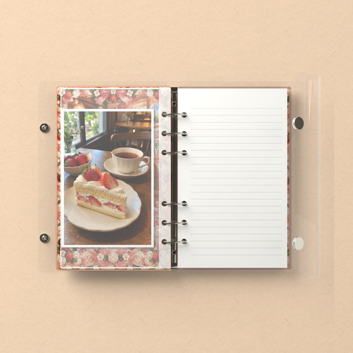 Inside: a photo sleeve and a lined refill page