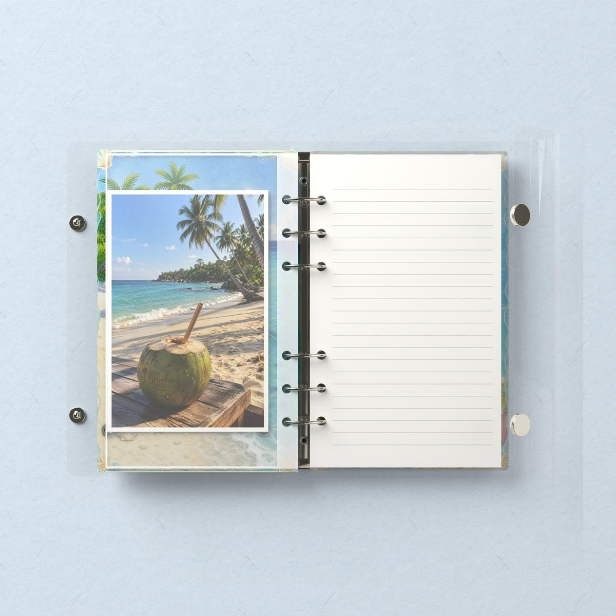 Inside: a photo sleeve and a lined refill page