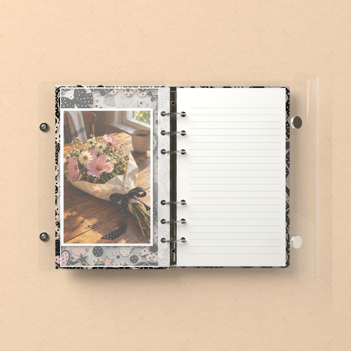 Inside: a photo sleeve and a lined refill page