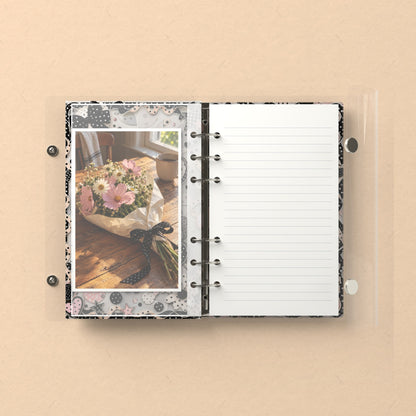 Inside: a photo sleeve and a lined refill page