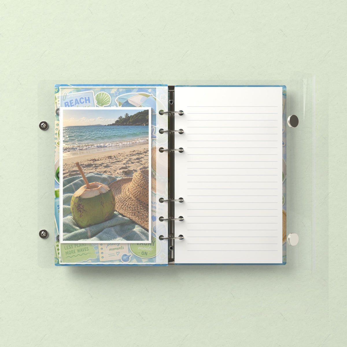 Inside: a photo sleeve and a lined refill page