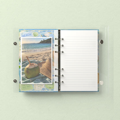 Inside: a photo sleeve and a lined refill page