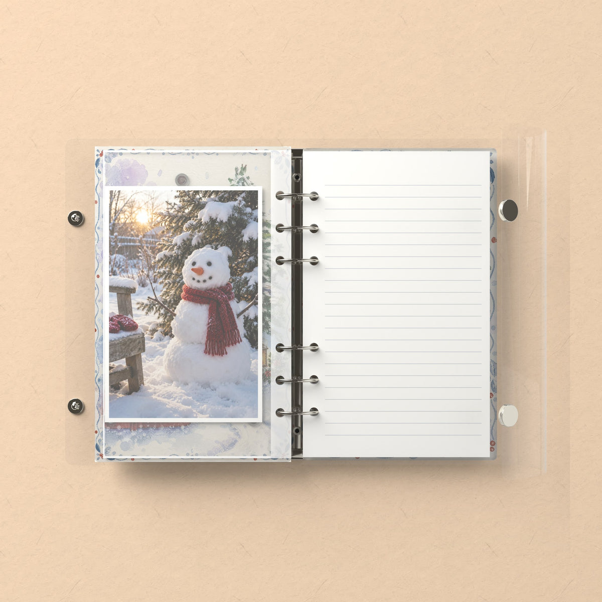 Inside: a photo sleeve and a lined refill page