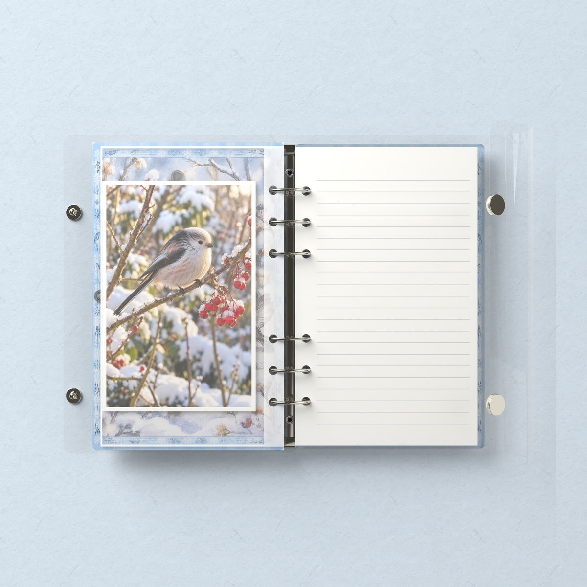 Inside: a photo sleeve and a lined refill page