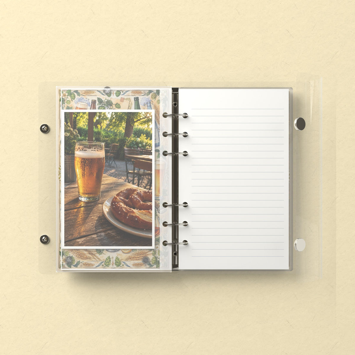 Inside: a photo sleeve and a lined refill page