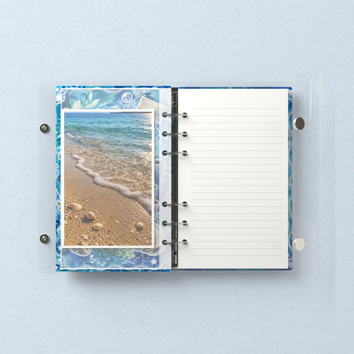 Inside: a photo sleeve and a lined refill page