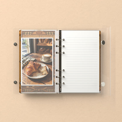 Inside: a photo sleeve and a lined refill page