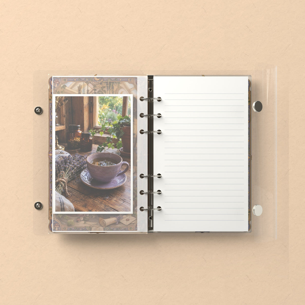 Inside: a photo sleeve and a lined refill page