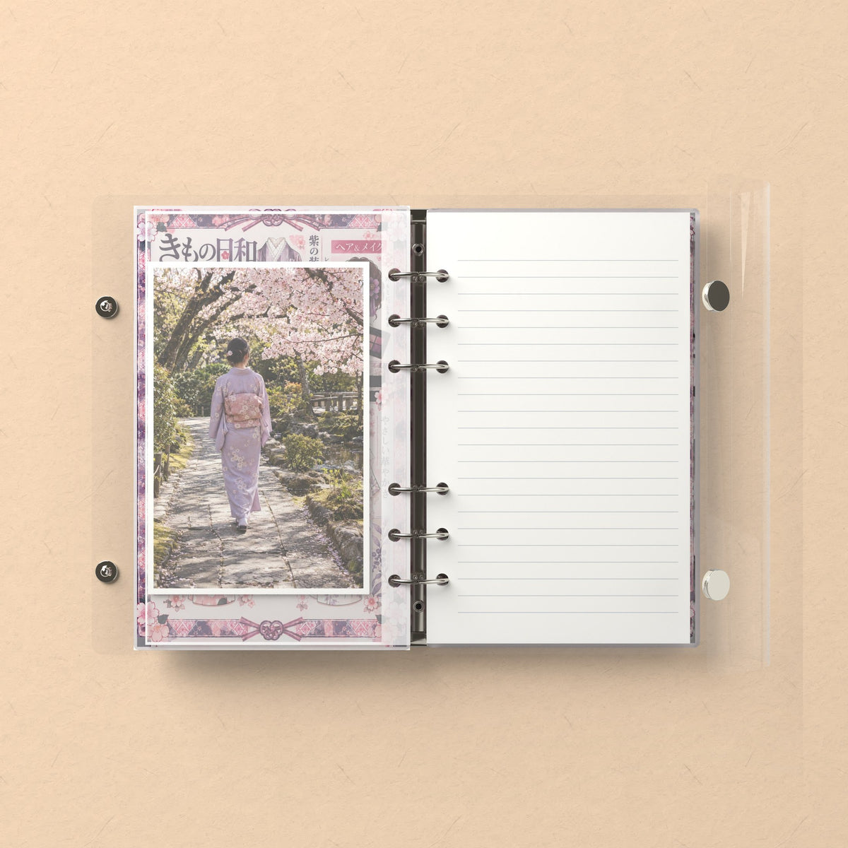 Inside: a photo sleeve and a lined refill page