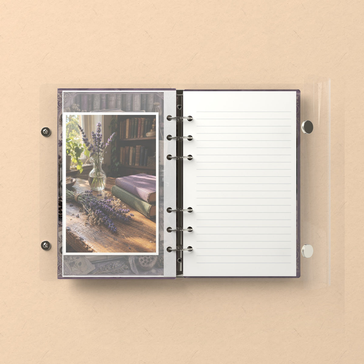 Inside: a photo sleeve and a lined refill page