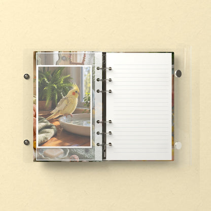 Inside: a photo sleeve and a lined refill page