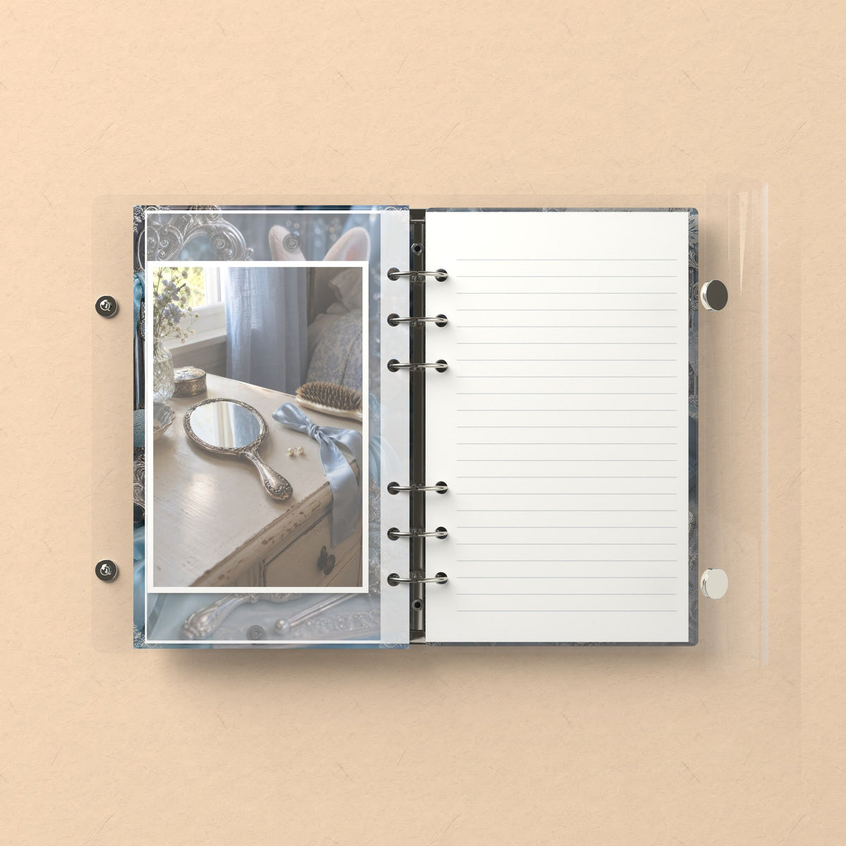 Inside: a photo sleeve and a lined refill page