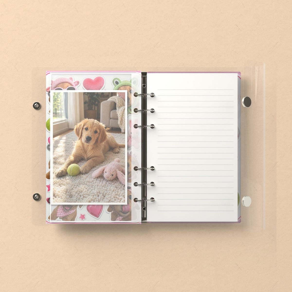 Inside: a photo sleeve and a lined refill page