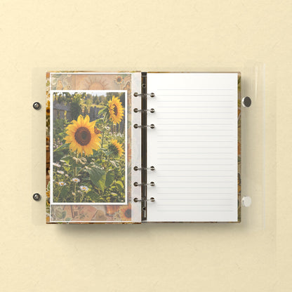 Inside: a photo sleeve and a lined refill page