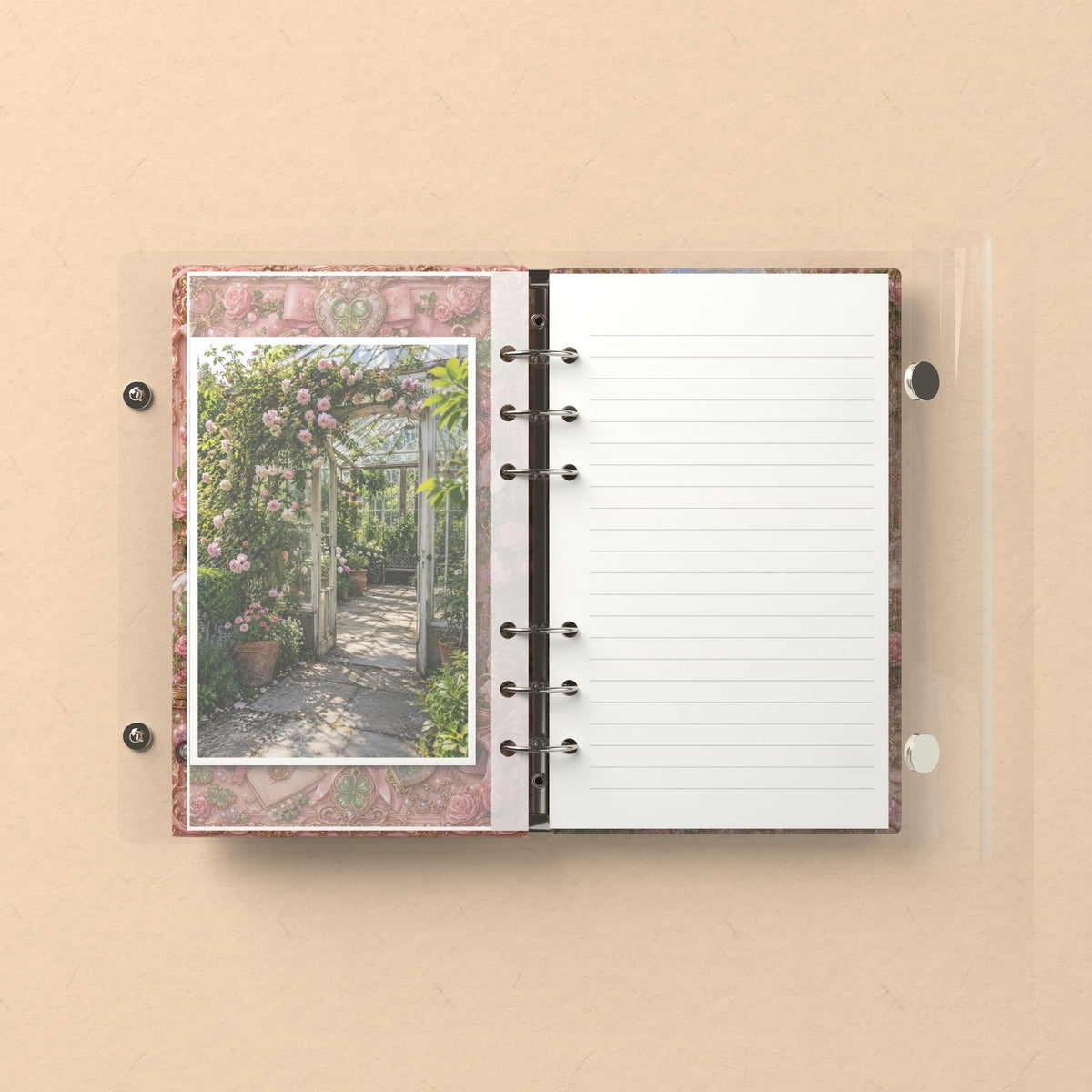Inside: a photo sleeve and a lined refill page