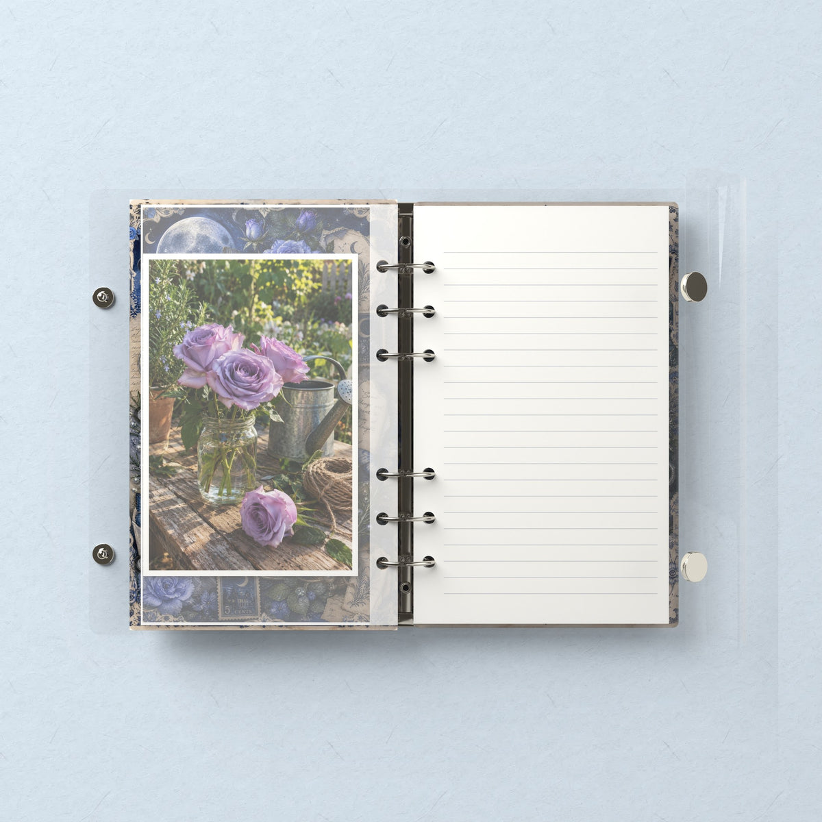 Inside: a photo sleeve and a lined refill page