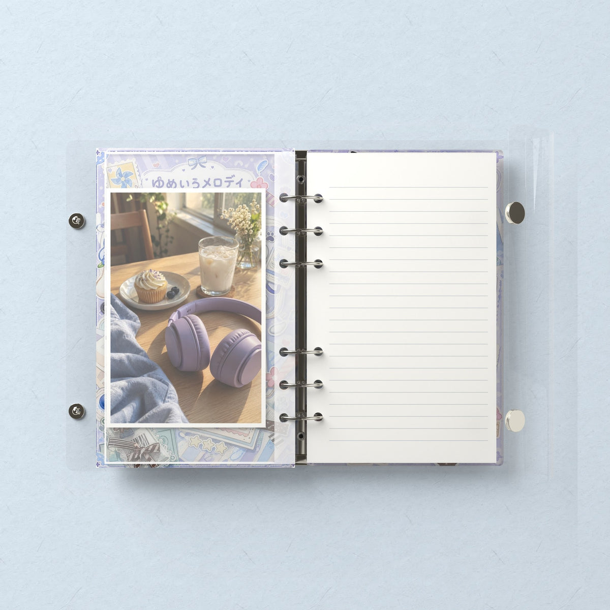 Inside: a photo sleeve and a lined refill page