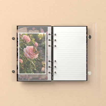 Inside: a photo sleeve and a lined refill page