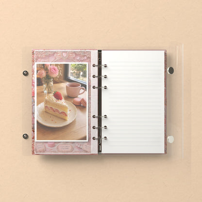 Inside: a photo sleeve and a lined refill page