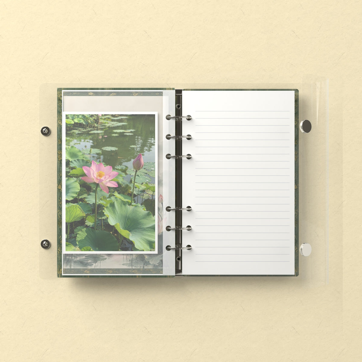 Inside: a photo sleeve and a lined refill page