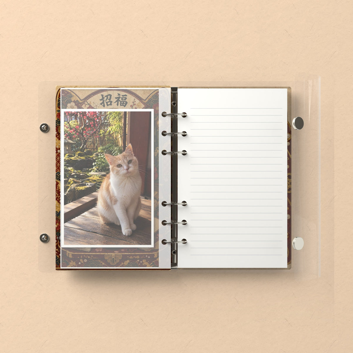 Inside: a photo sleeve and a lined refill page