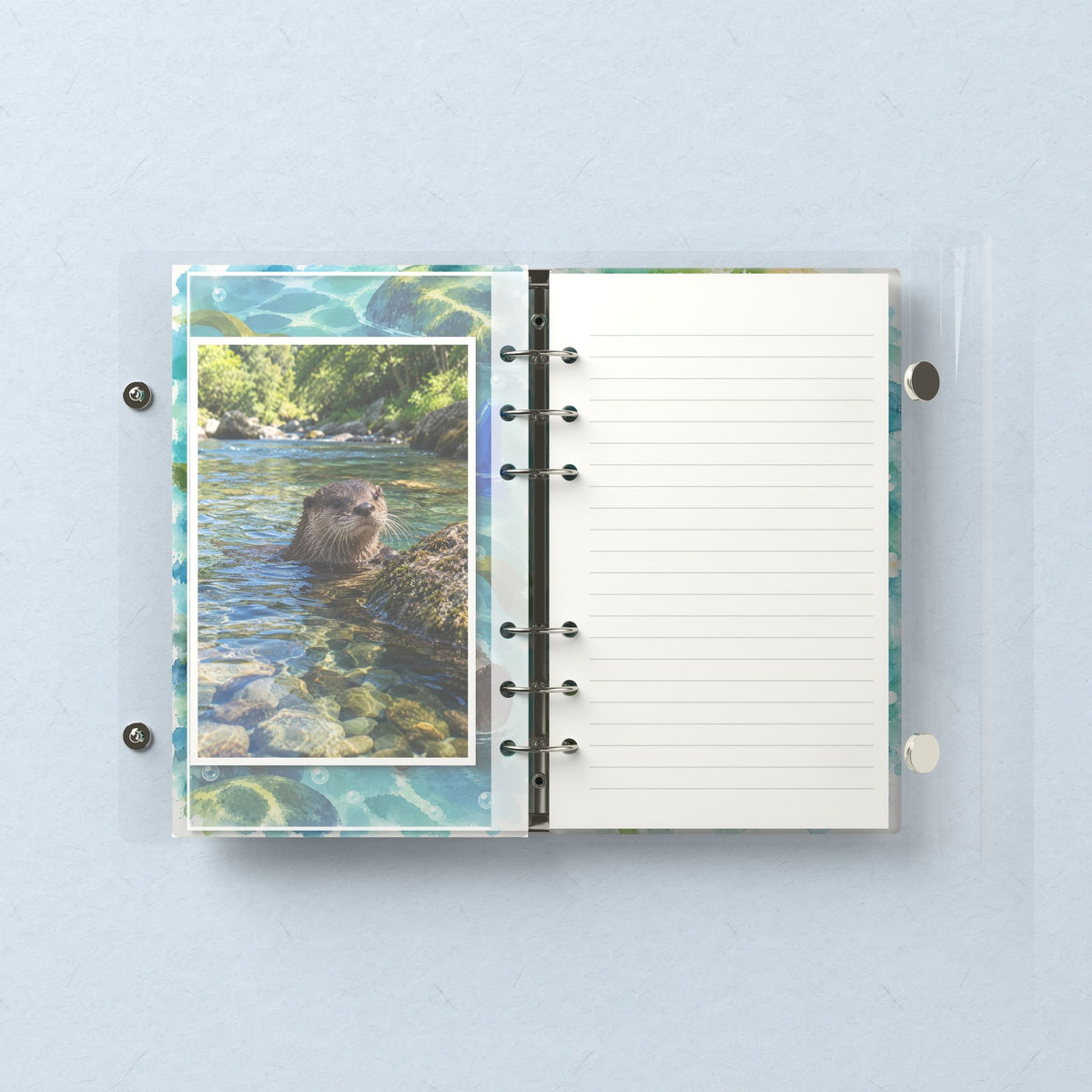 Inside: a photo sleeve and a lined refill page