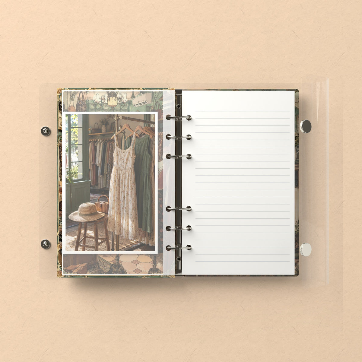Inside: a photo sleeve and a lined refill page