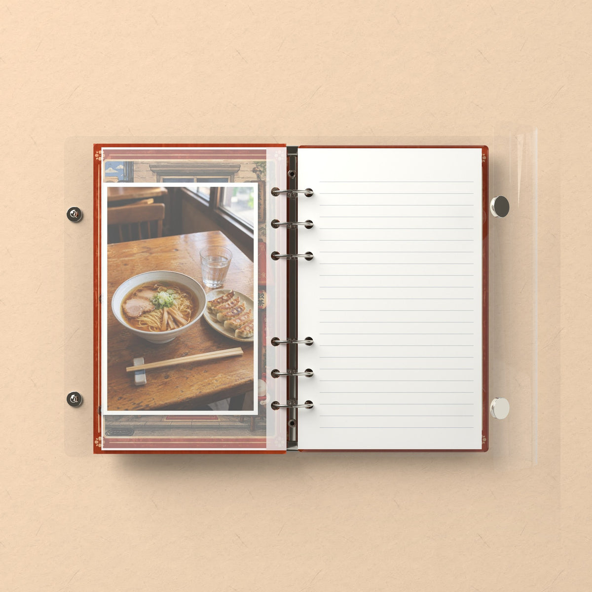 Inside: a photo sleeve and a lined refill page