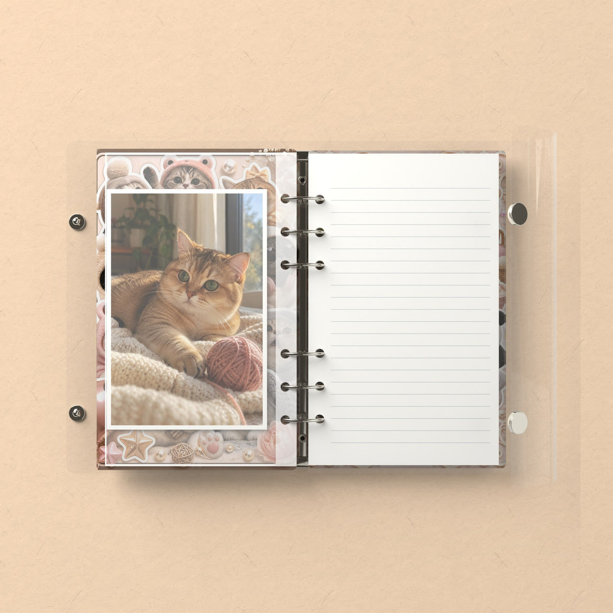Inside: a photo sleeve and a lined refill page