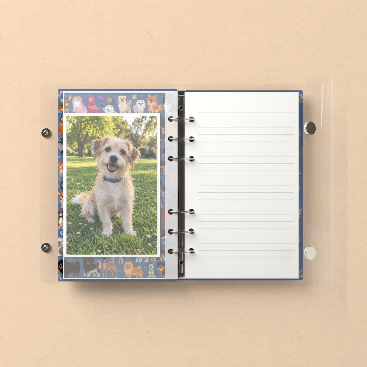 Inside: a photo sleeve and a lined refill page