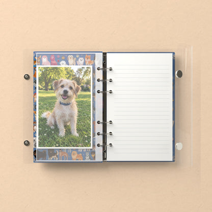 Inside: a photo sleeve and a lined refill page