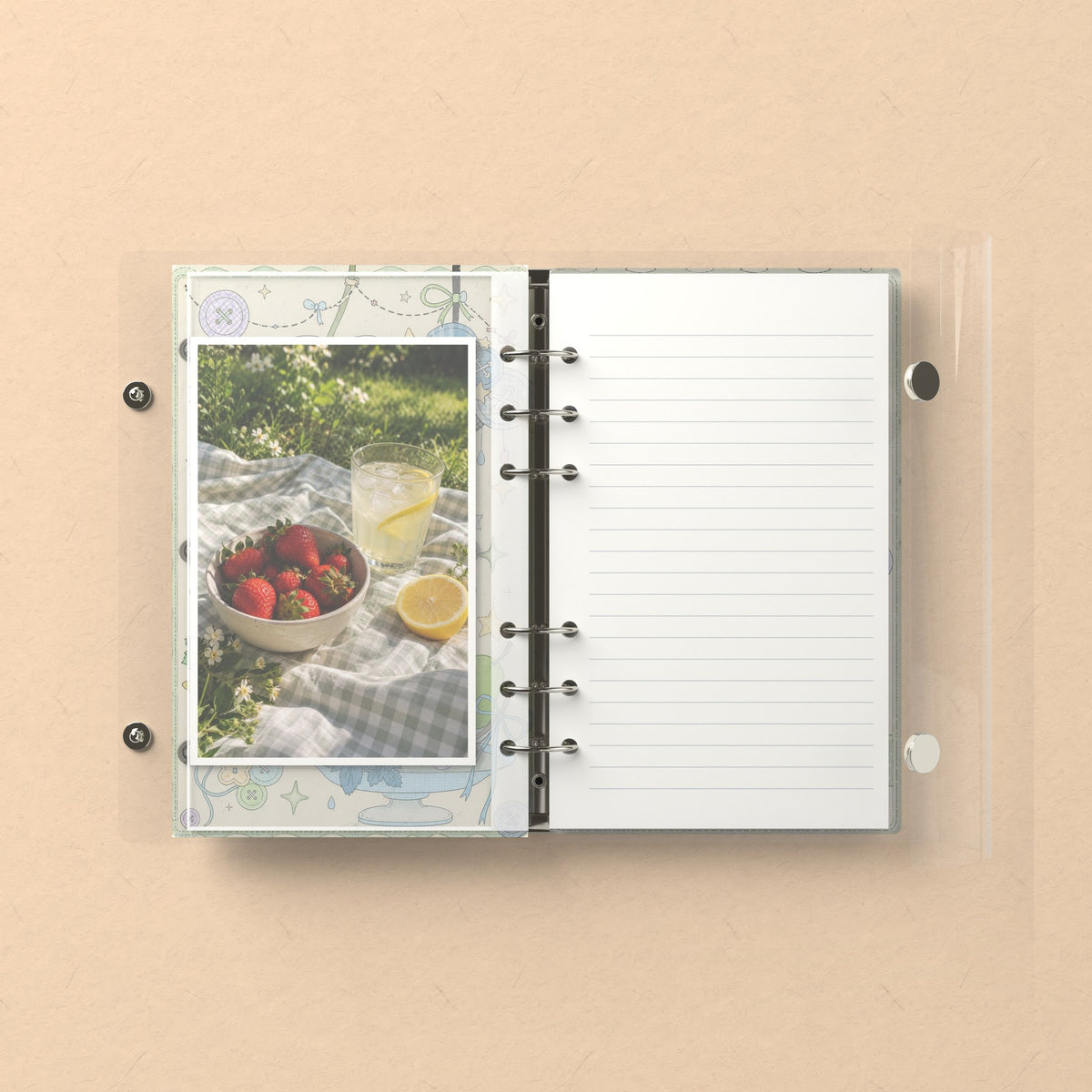 Inside: a photo sleeve and a lined refill page