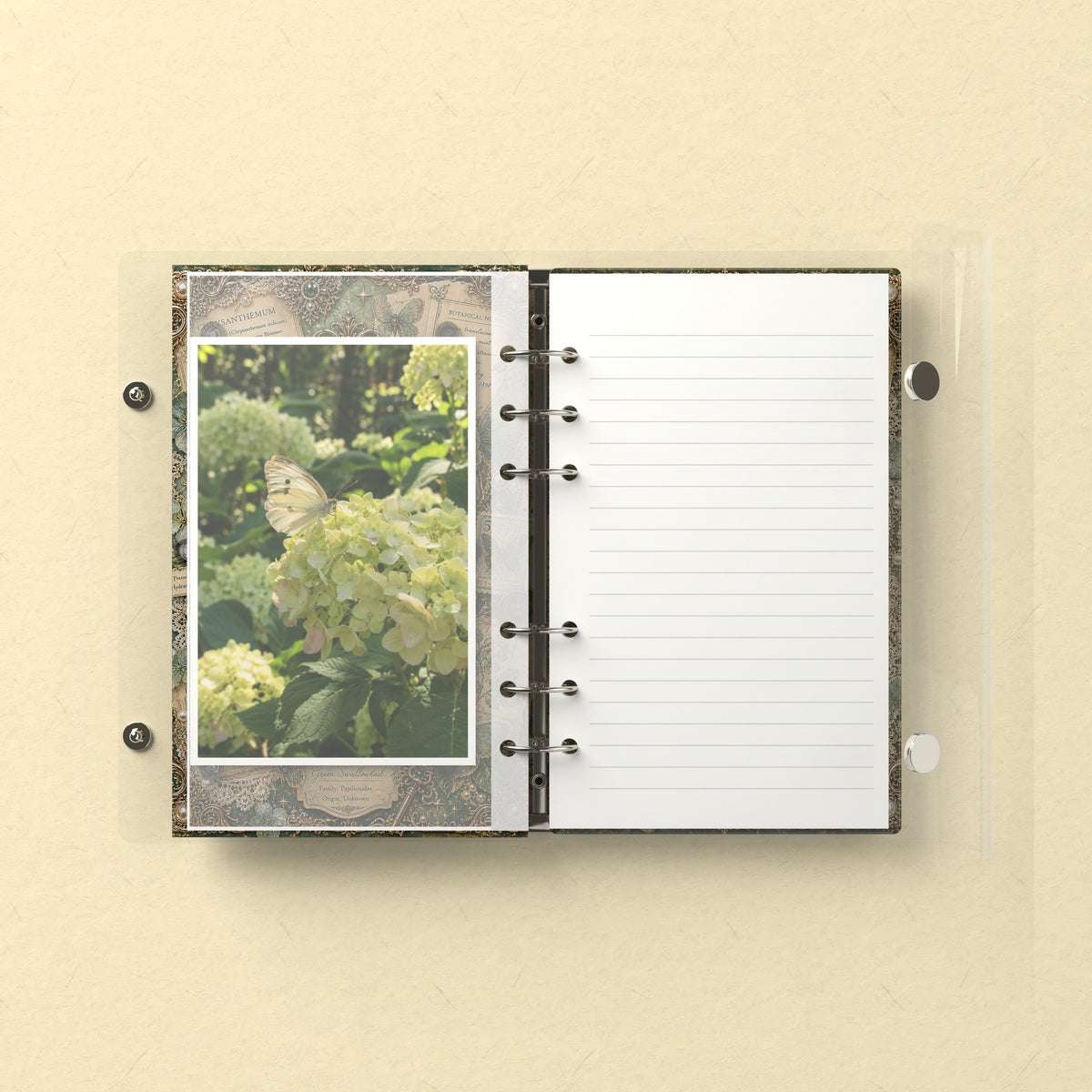 Inside: a photo sleeve and a lined refill page
