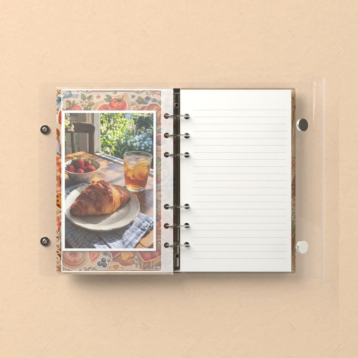 Inside: a photo sleeve and a lined refill page