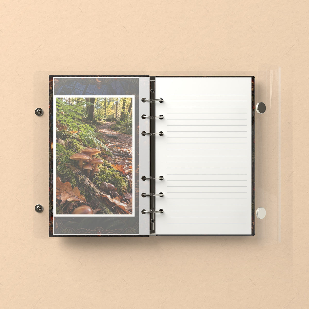 Inside: a photo sleeve and a lined refill page