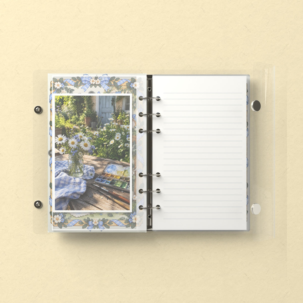 Inside: a photo sleeve and a lined refill page