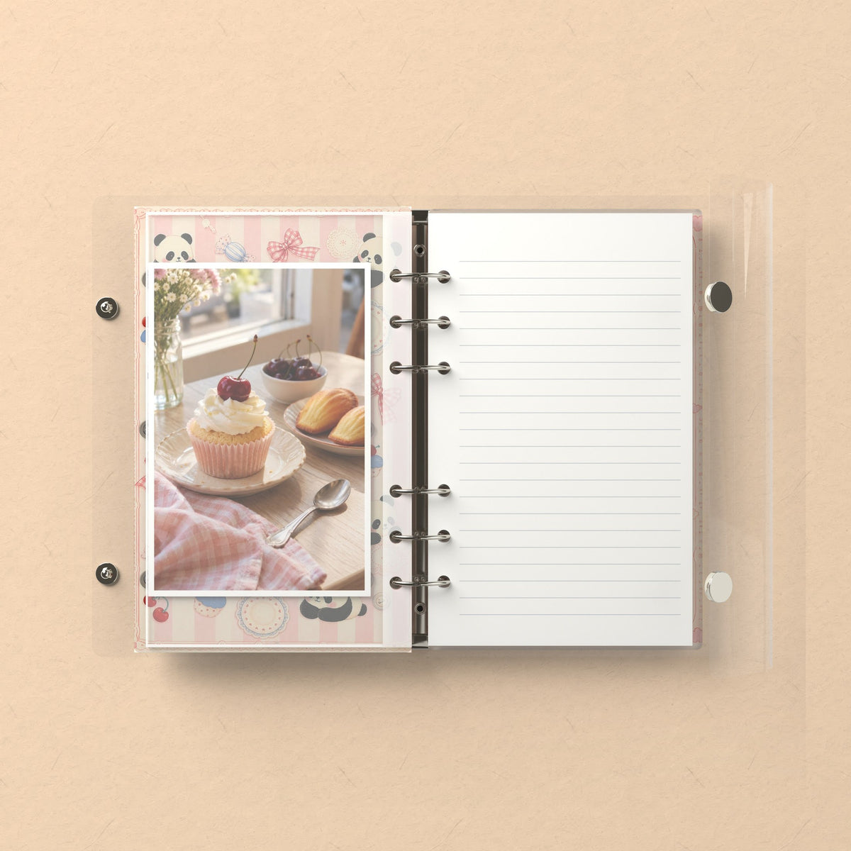 Inside: a photo sleeve and a lined refill page