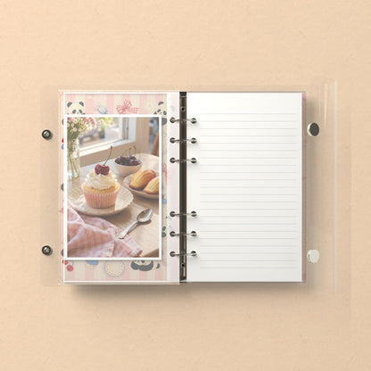 Inside: a photo sleeve and a lined refill page