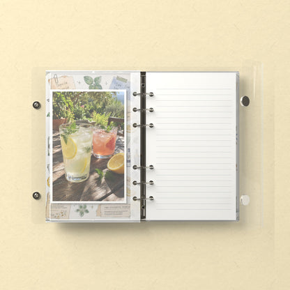Inside: a photo sleeve and a lined refill page