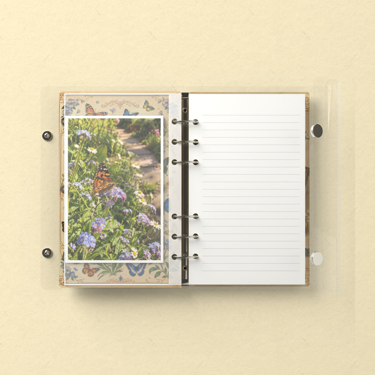 Inside: a photo sleeve and a lined refill page